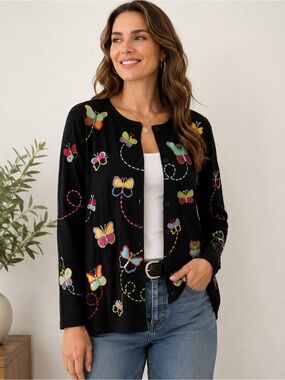 Michael Simon Cardigan Womens Large Black Embroidered Butterfly Novelty Art Wear